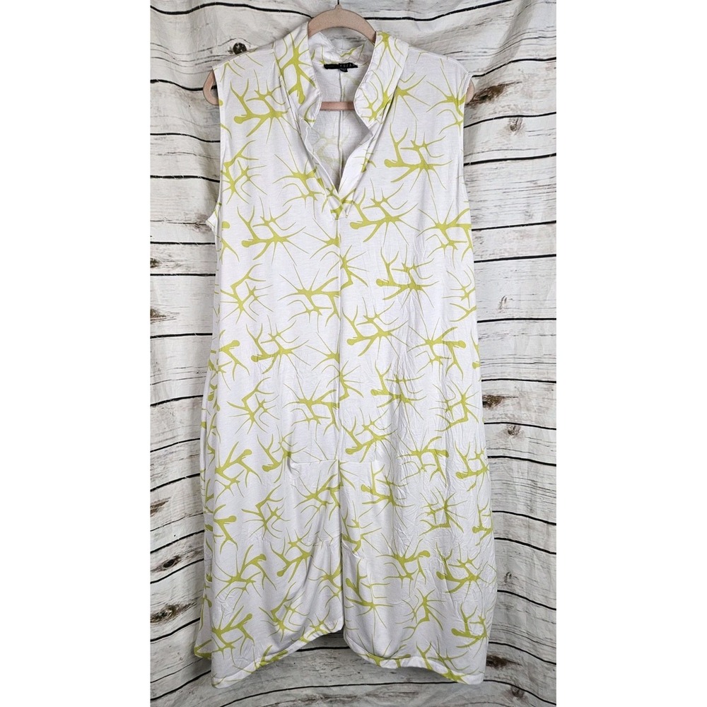 Kozan White Chartreuse Knit Cocoon Dress L Lagenlook Crinkle Art to Wear Midi